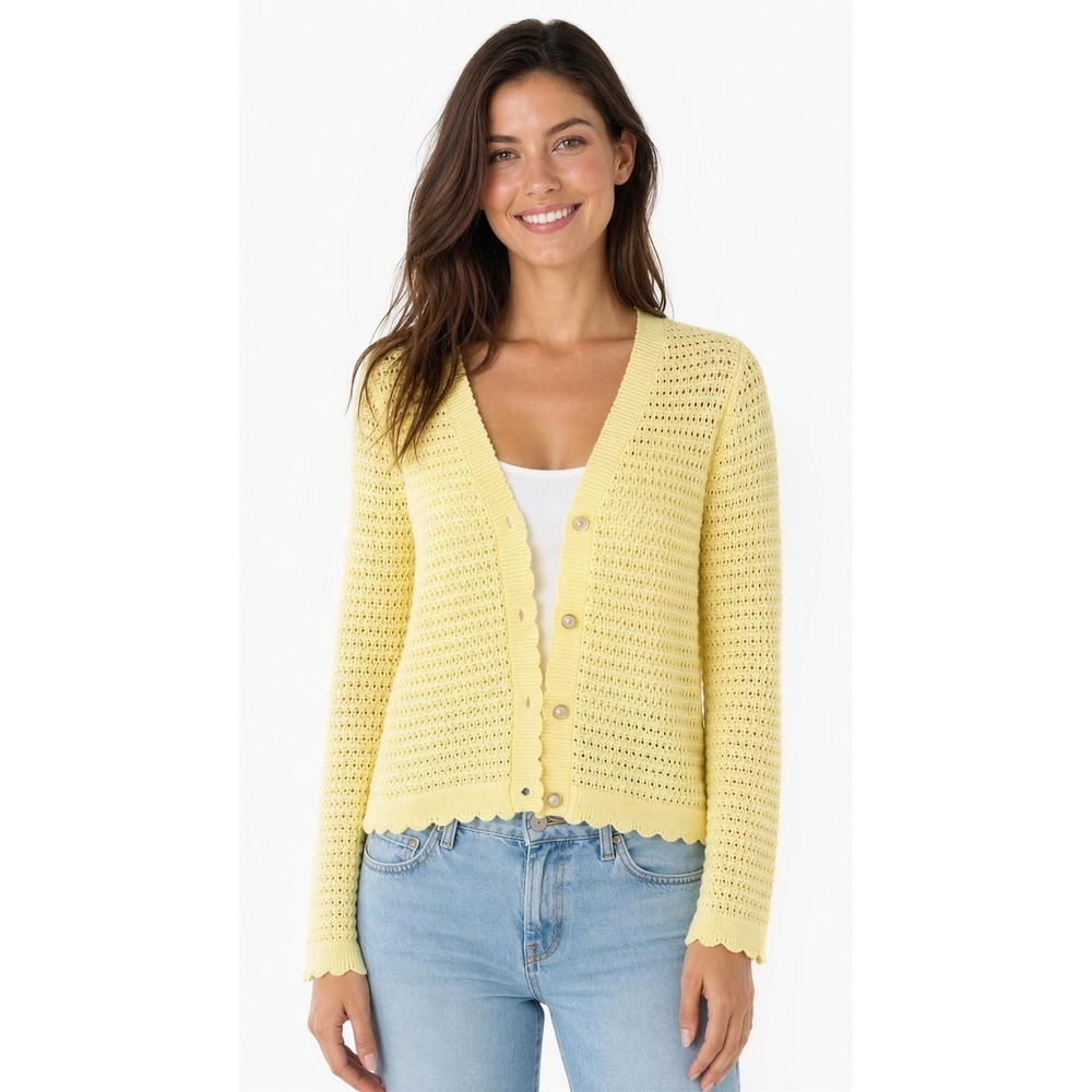 Nanette Nanette Lepore Butter Yellow Crochet Scalloped Pearl Button Cardigan L